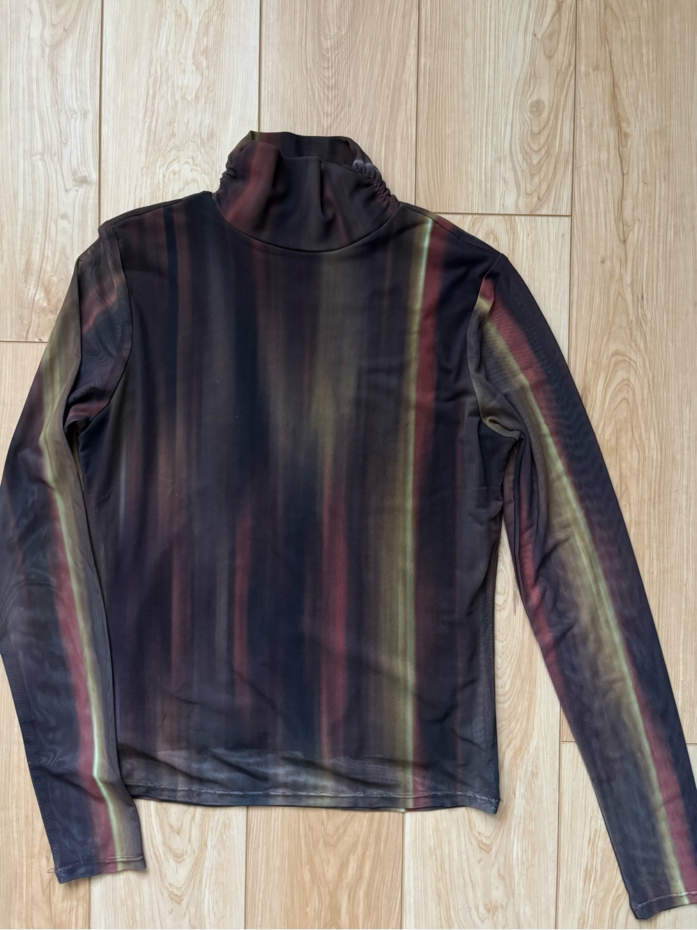 Y2K Goth Indie Mesh Top Black  with Red and Olive Abstract Lines Sheer Sleeves